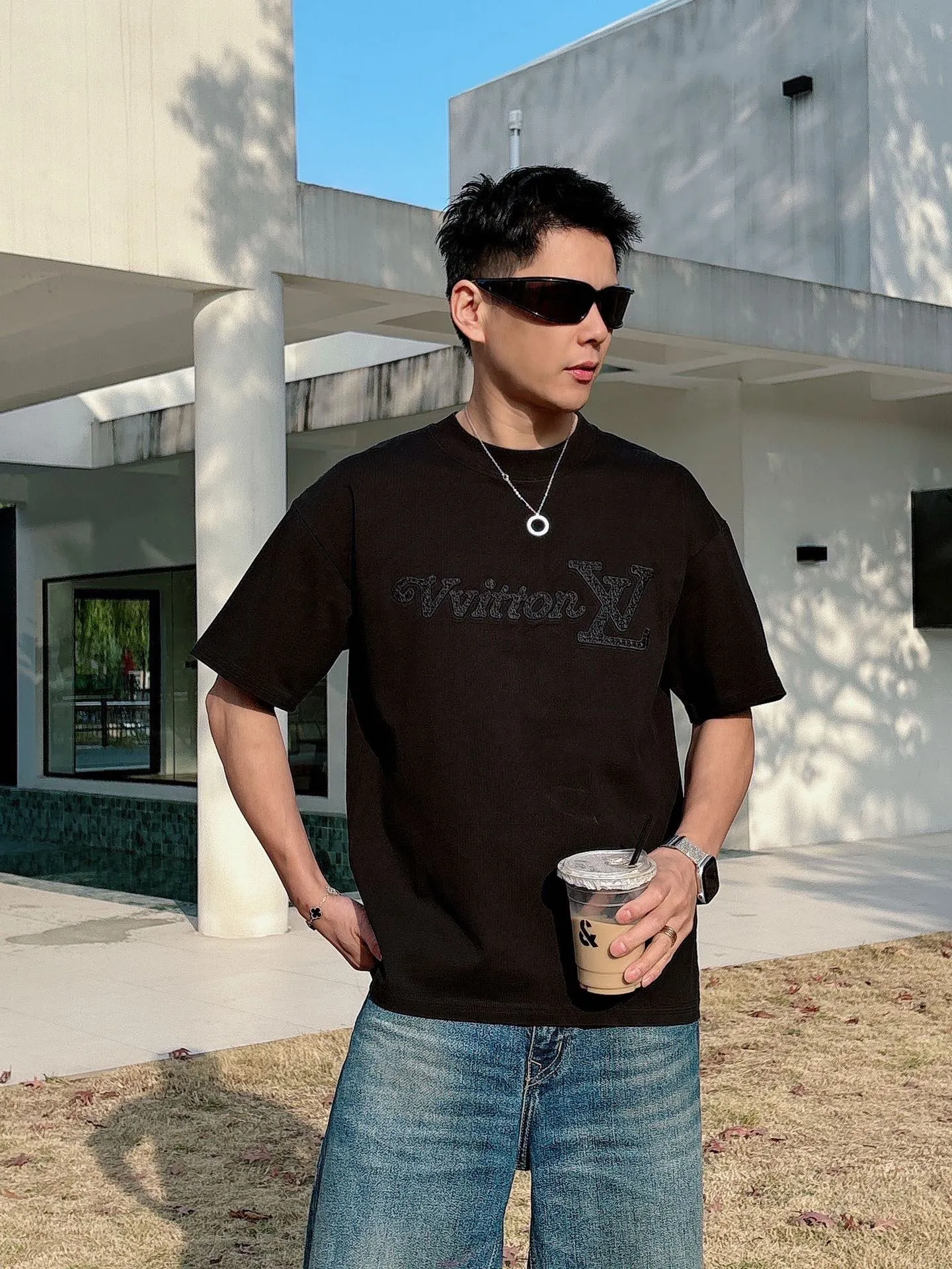 Louis Vuitton/Louis Vuitton 26ss woven letter embroidered short sleeves